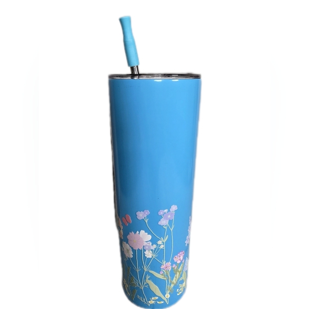 Blue Floral Insulated Tumbler with Straw